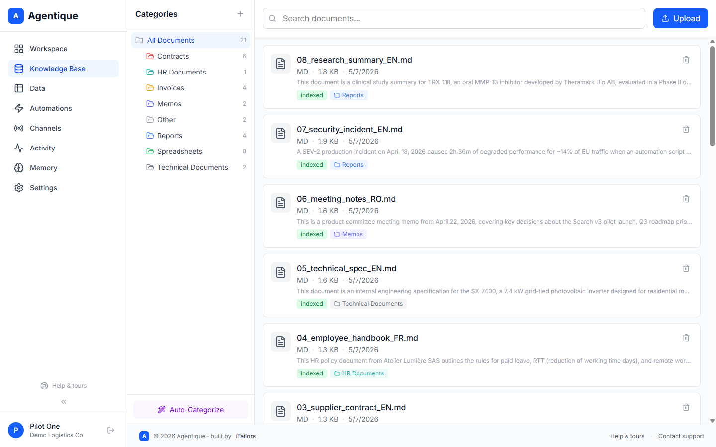 Knowledge Base showing categorized documents with indexed status pills