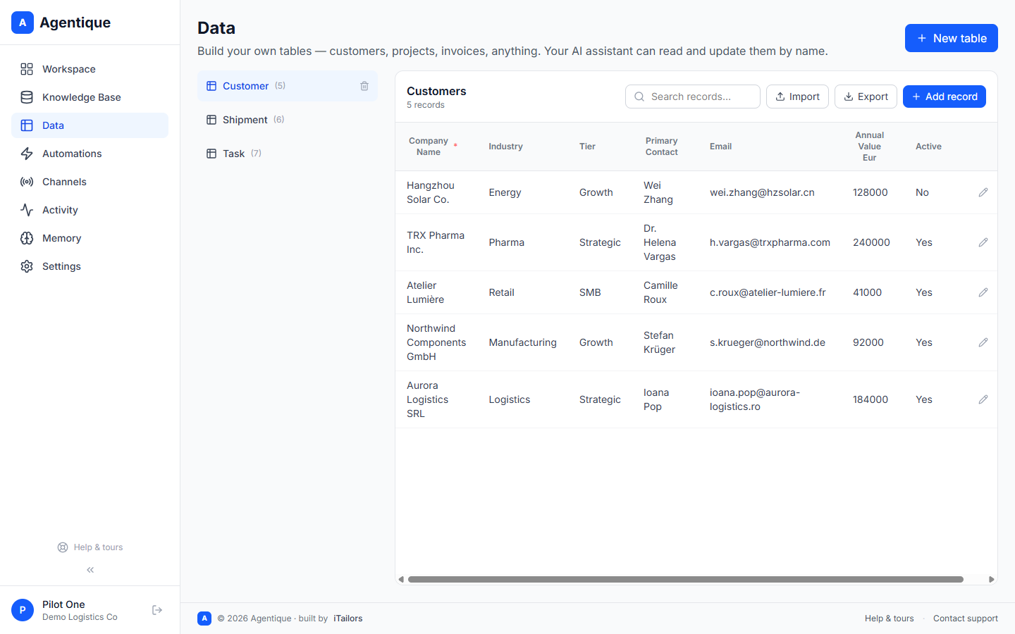 Custom Customers data table with industry, tier, contact, and annual value columns
