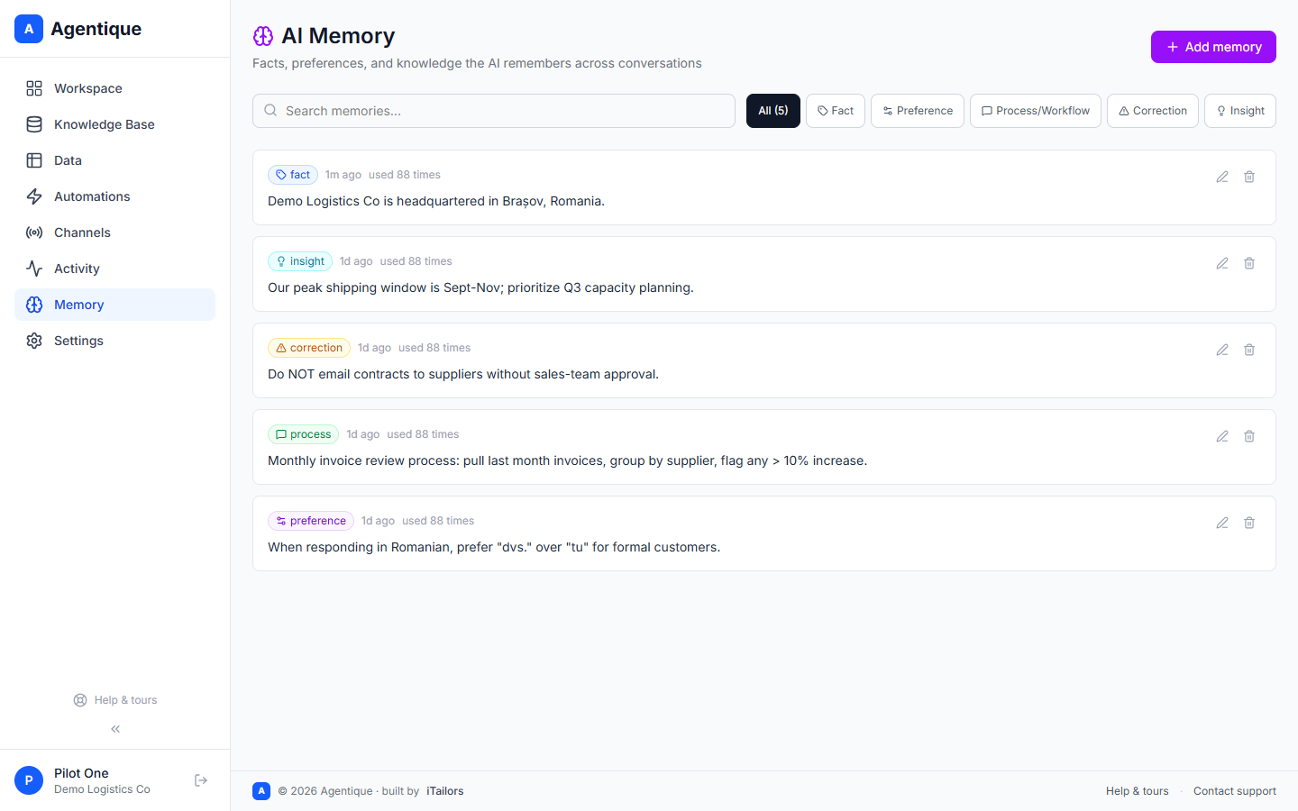 AI Memory list with categorized facts, preferences, and process notes