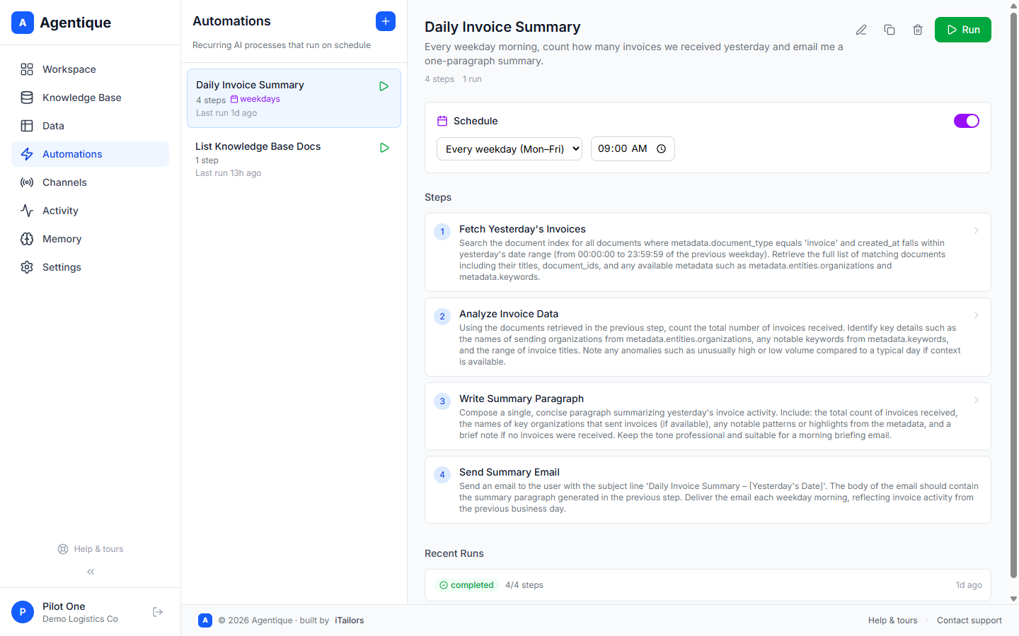 Automation detail with schedule, four ordered steps, and recent runs
