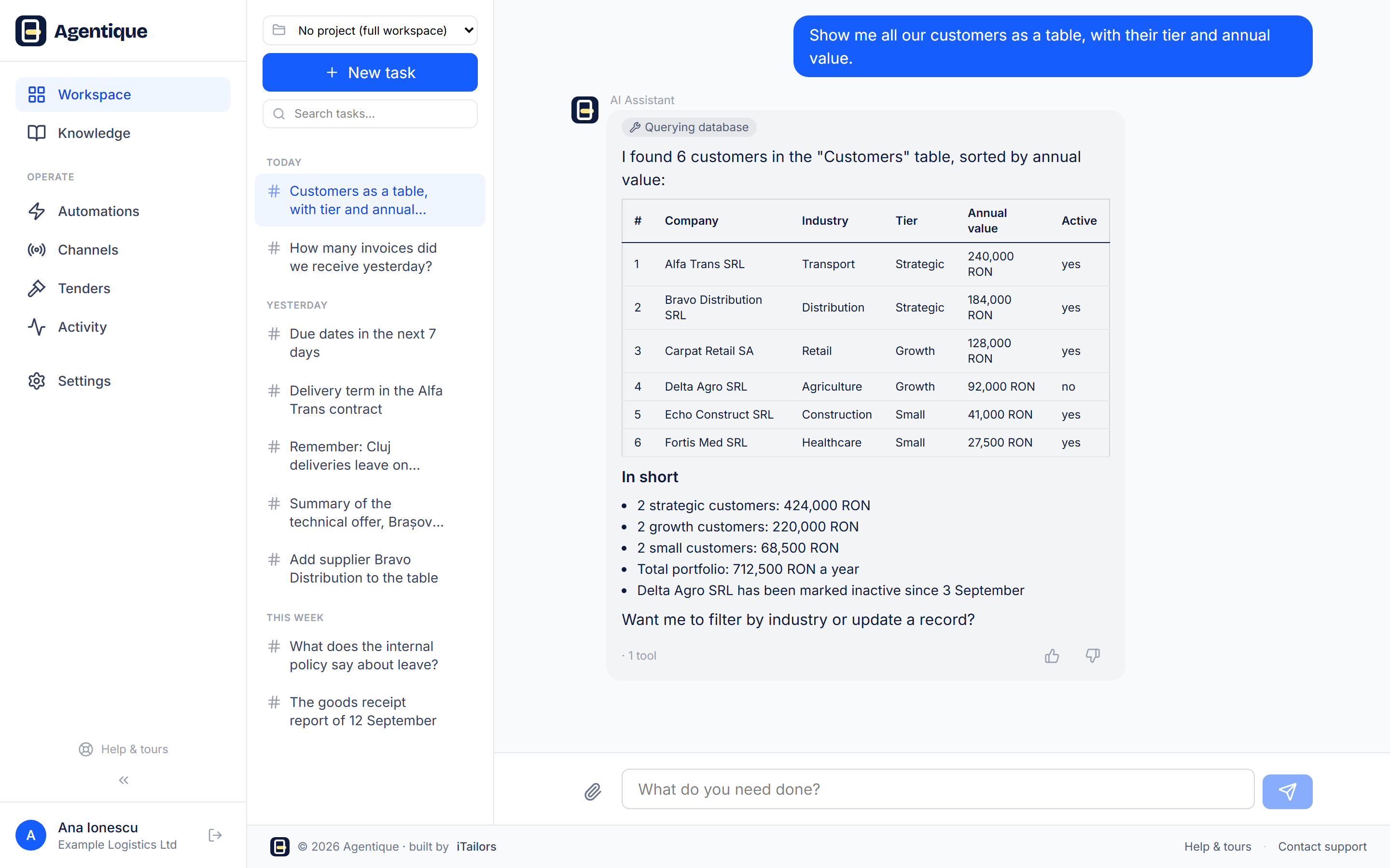 Workspace chat answering with the customer table and a short summary