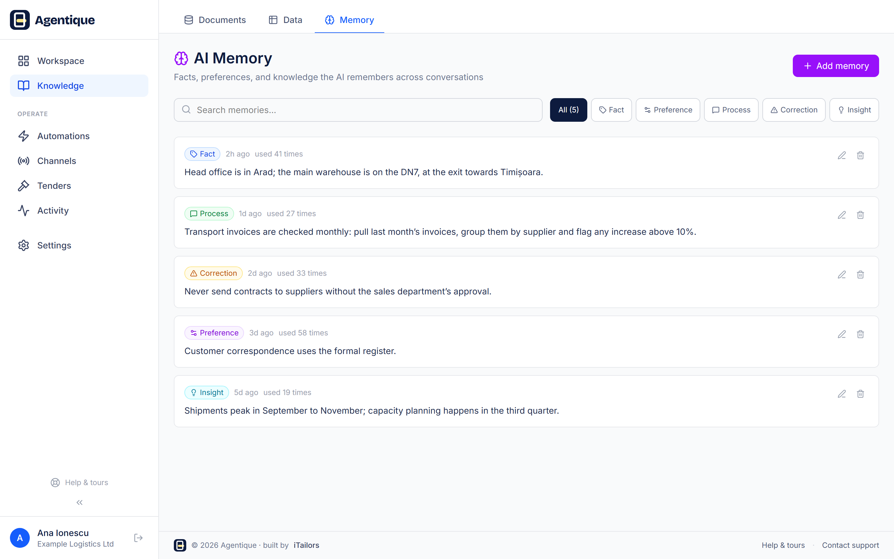AI memory list with facts, a process, a correction and a preference