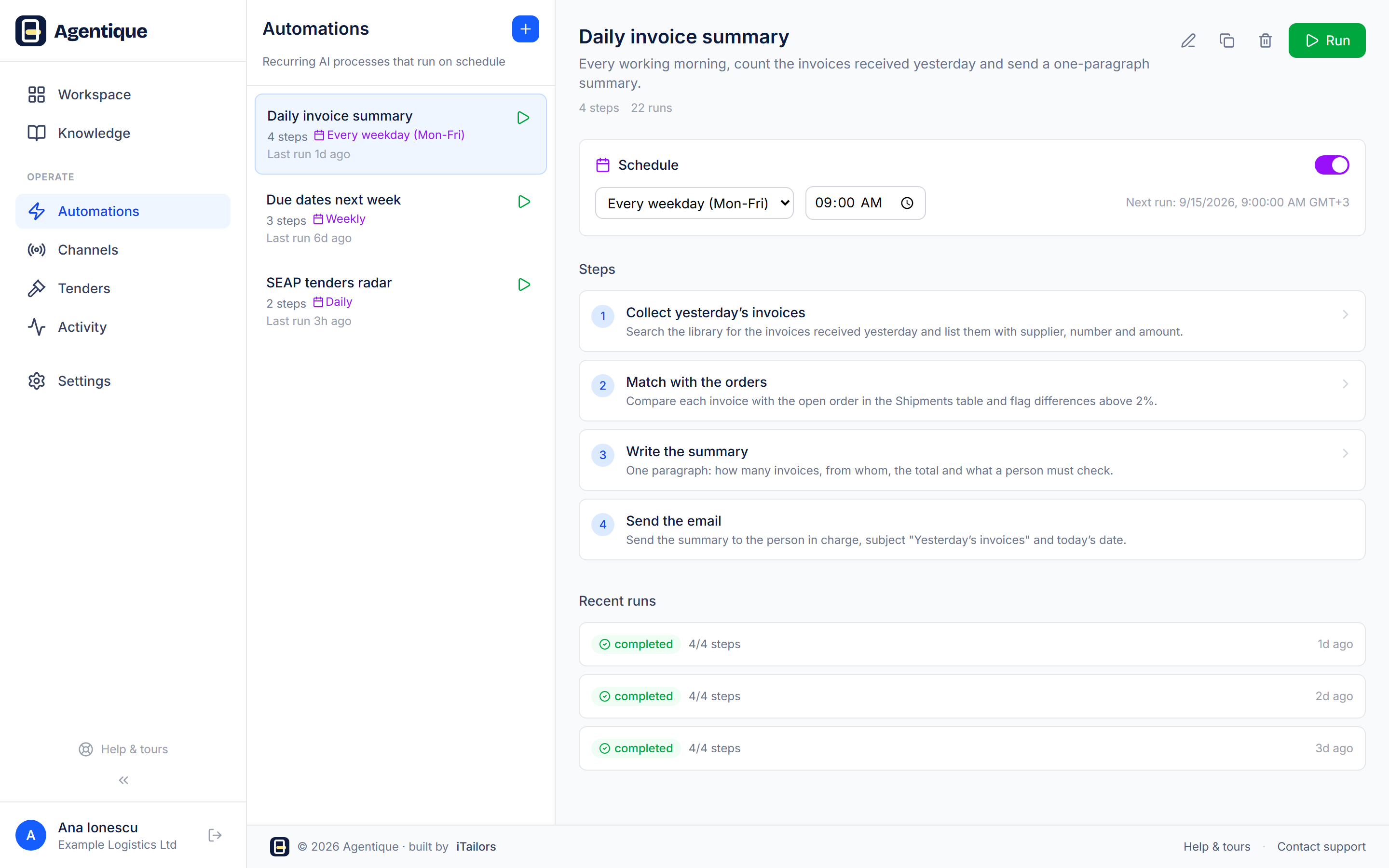 An automation with its schedule, four steps and recent runs