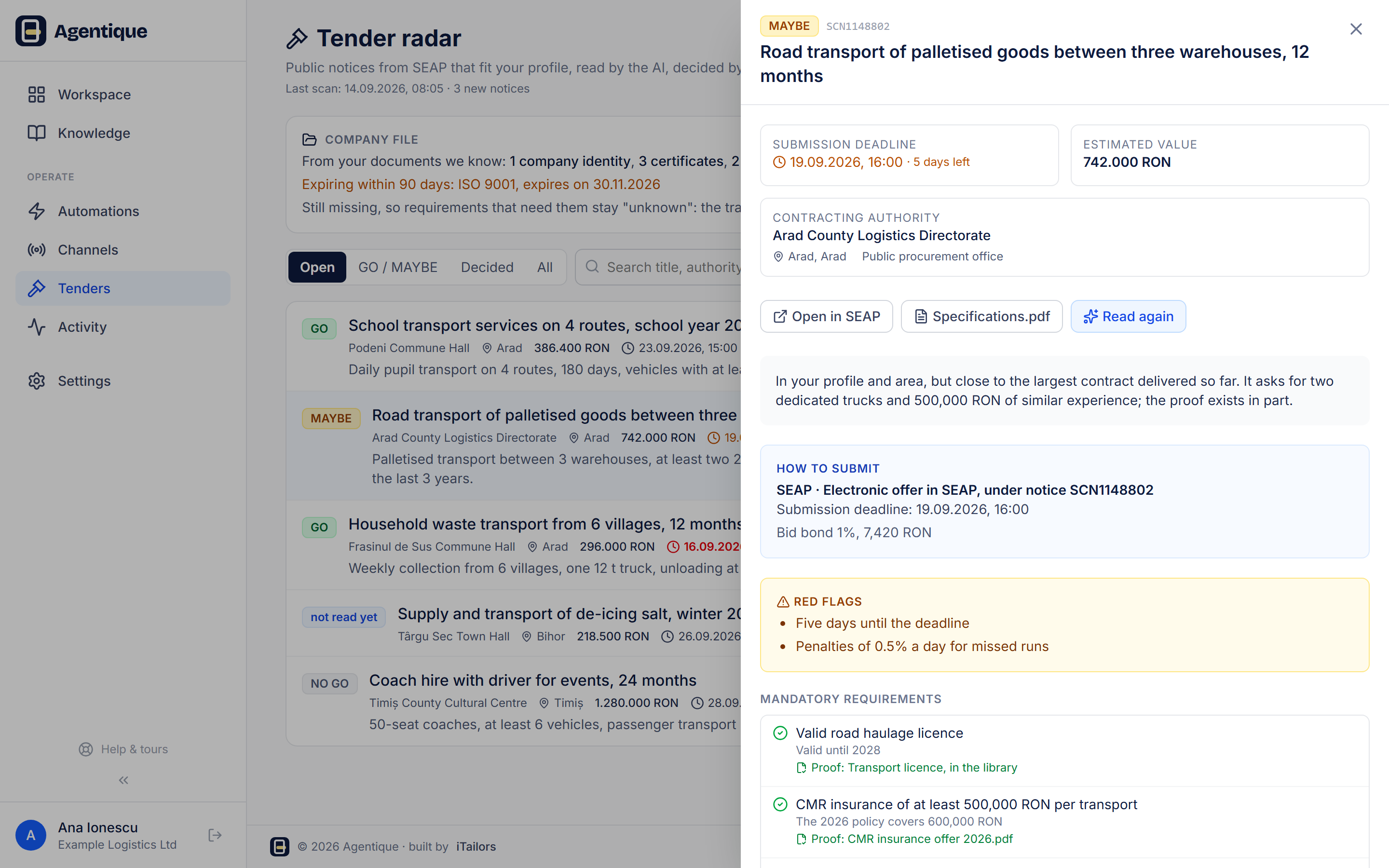 The tenders radar with scored notices and one verdict shown in full, with its requirements