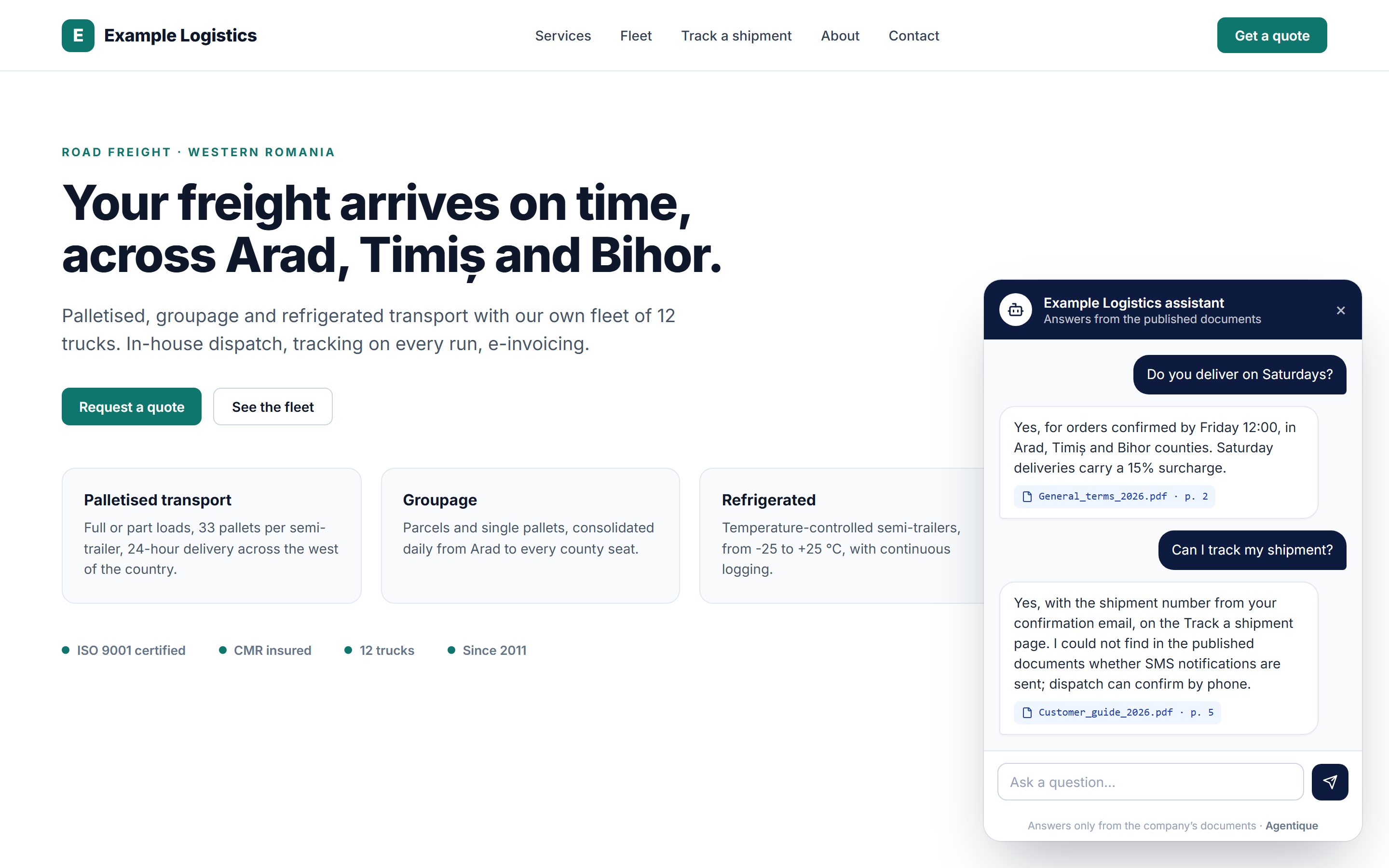 A company website with the web assistant open, answering with the source document