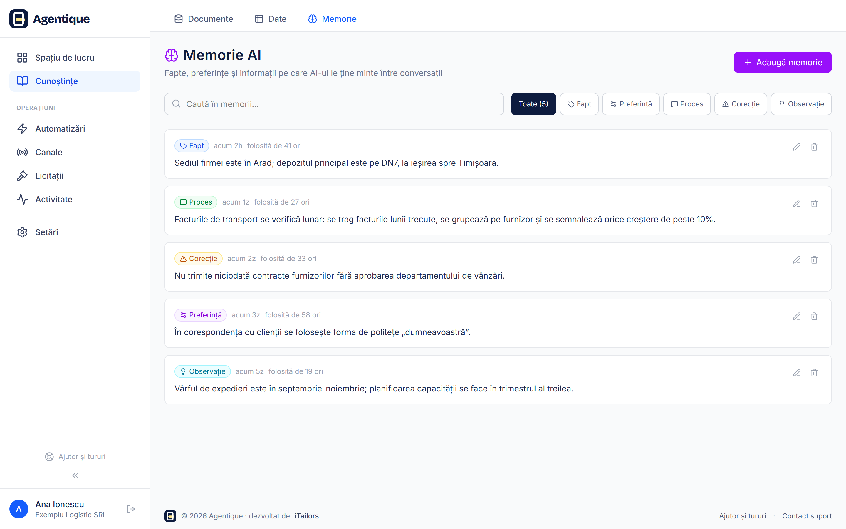 Pagina Memorie cu informații reținute, preferințe și corecturi