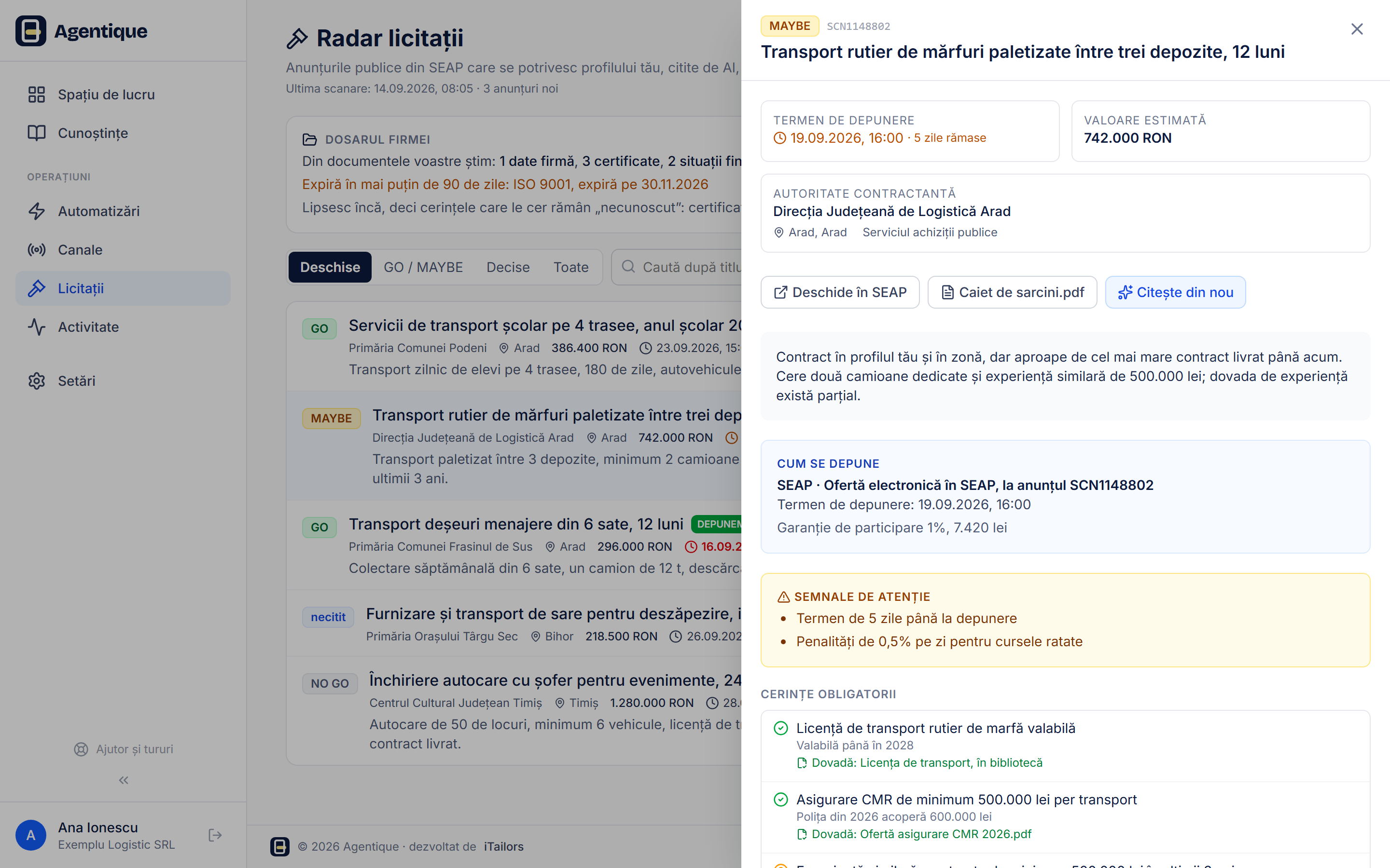 Radarul de licitații cu anunțuri punctate și un verdict afișat complet, cu lista cerințelor
