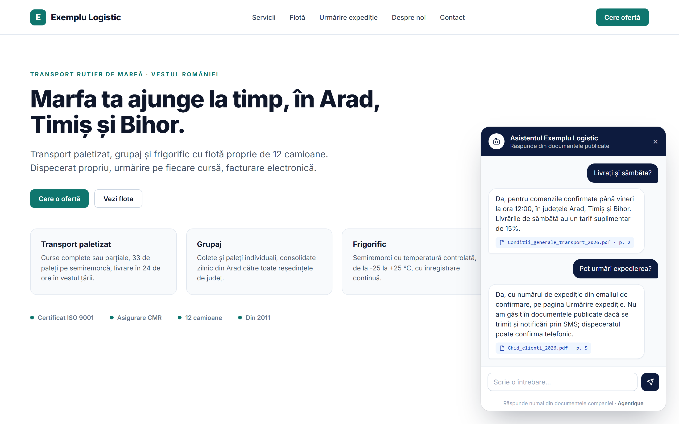 Site-ul unei firme cu asistentul web deschis, care răspunde cu documentul-sursă